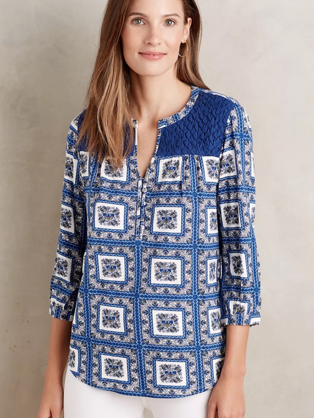 Anthropologie Porridge Belmar Boho Split Neck Textured Geometric Floral Top